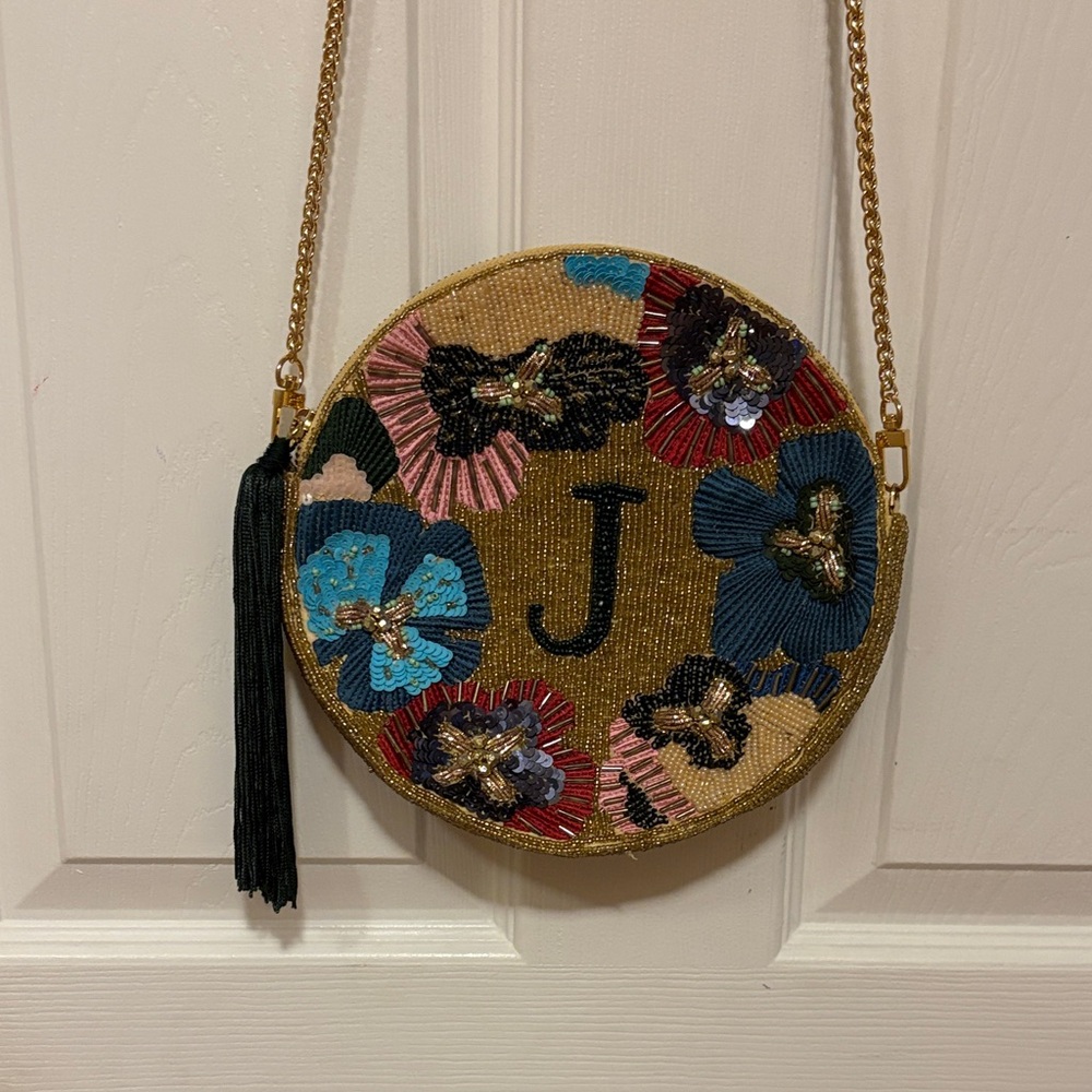 Monogram J Round Beaded Crossbody Bag - Gold with multi colored Embroidery